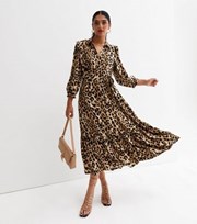 New Look Brown Leopard Print Belted Tiered Hem Midi Shirt Dress